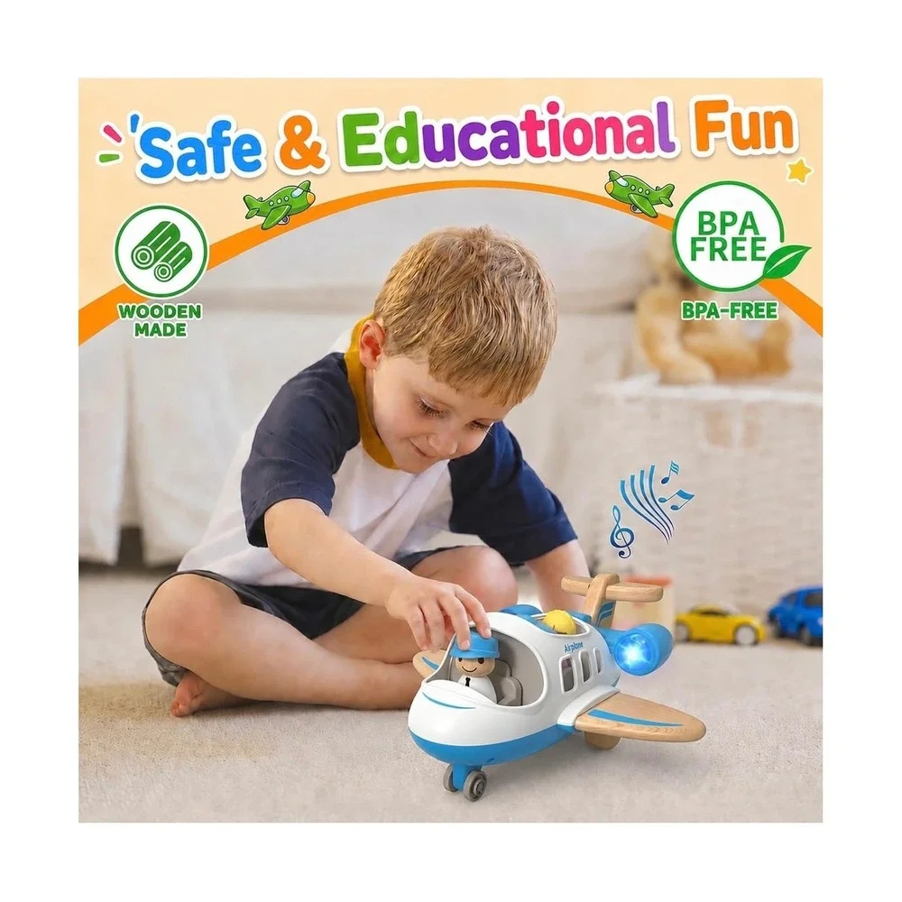 Wanborns Blue White Toy Airplane Set with Light and Sound 2 Figures Kids Play